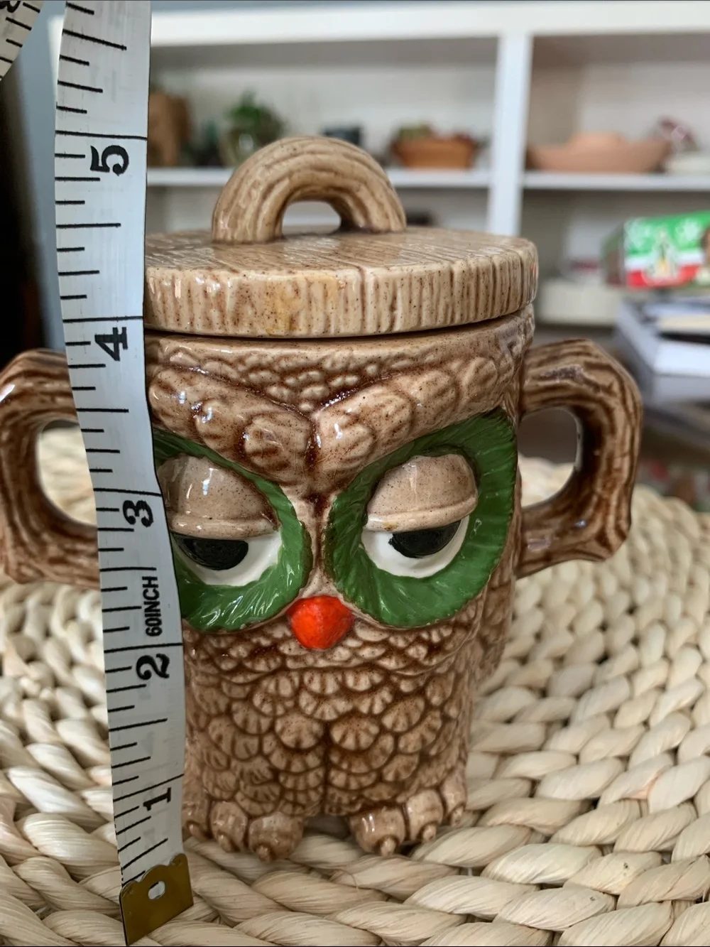 Vintage 70’s Ceramic Double Handled, 2 Sided Sleepy Owl Mug with Lid, 10 oz cup.